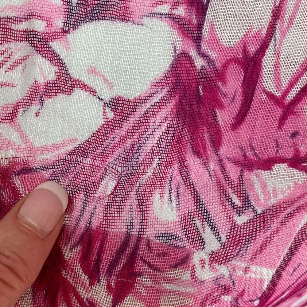 Soft Semi Sheer Viscose Gauze Rectangle Scarf Wrap Pink White Floral Fringe Ends